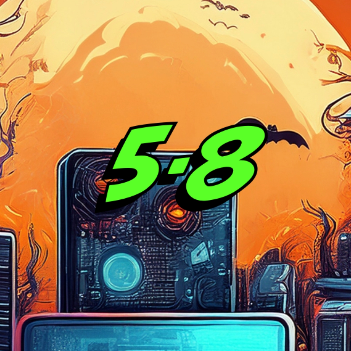 Halloween theme decoration with pumpkins and computer accessories with green text that says "5-8"
