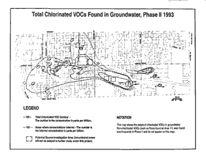 This map shows the extent of chlorinated VOCs in groundwater. Non-chlorinated 