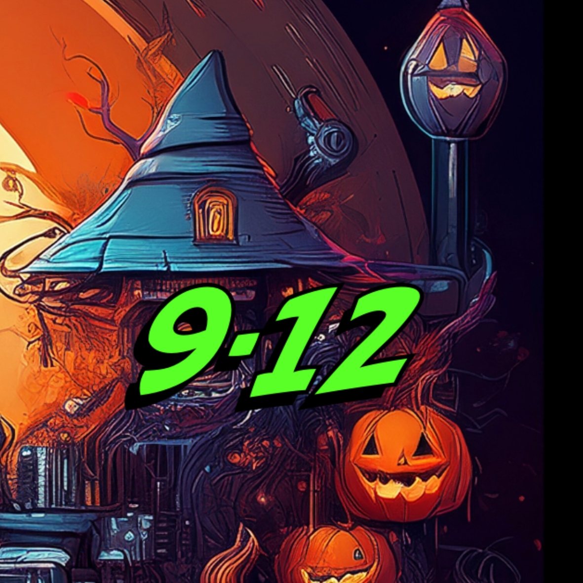 Halloween theme decoration with pumpkins and computer accessories with green text that says "9-12"