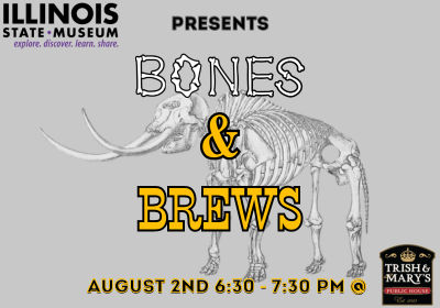 Bones and brews text over the skeleton of a mastodon 