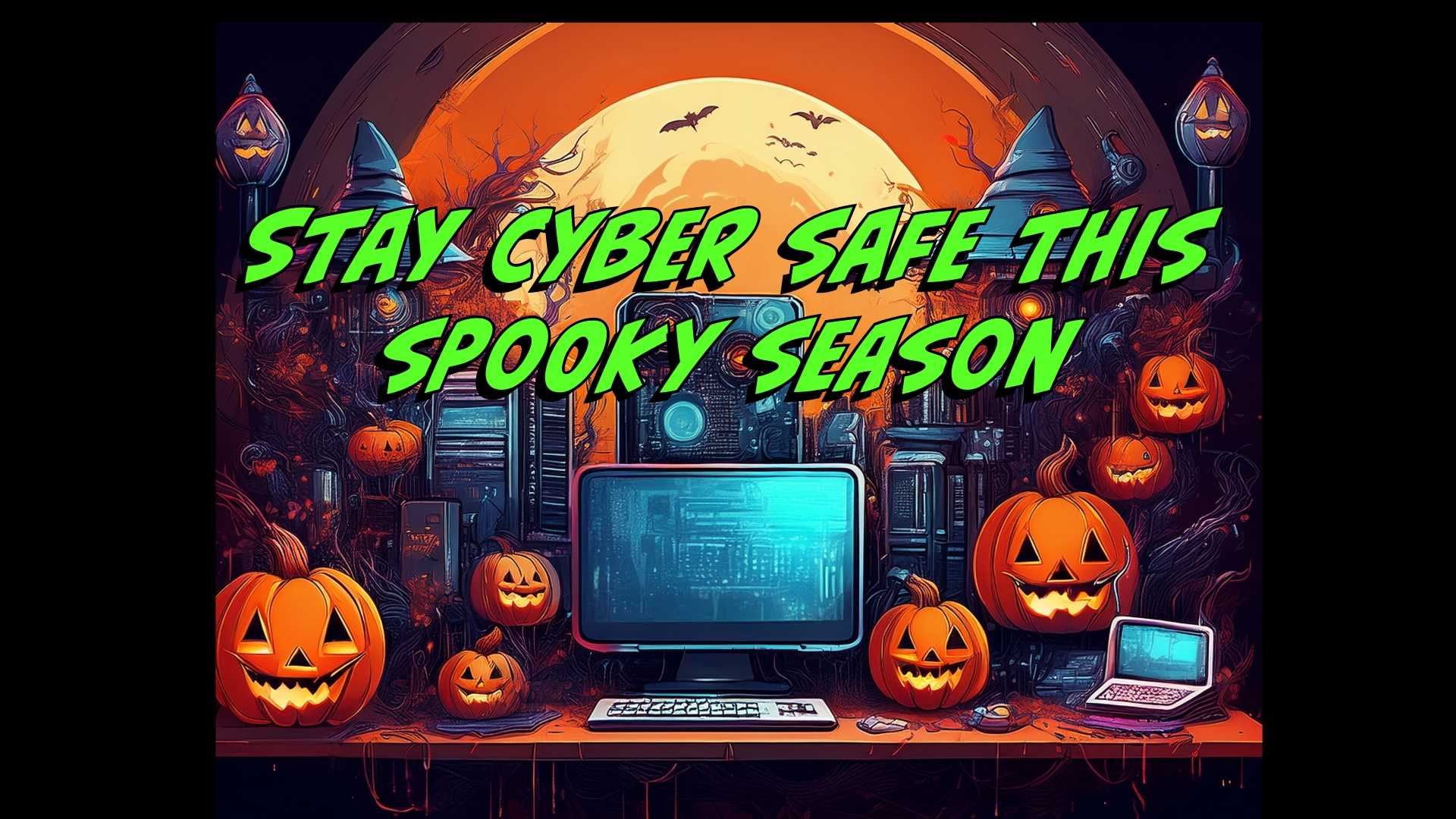 Image of Halloween decorations with computer and JackOLanterns on desk and text in green that says "Stay Cyber Safe this Spooky Season". 
