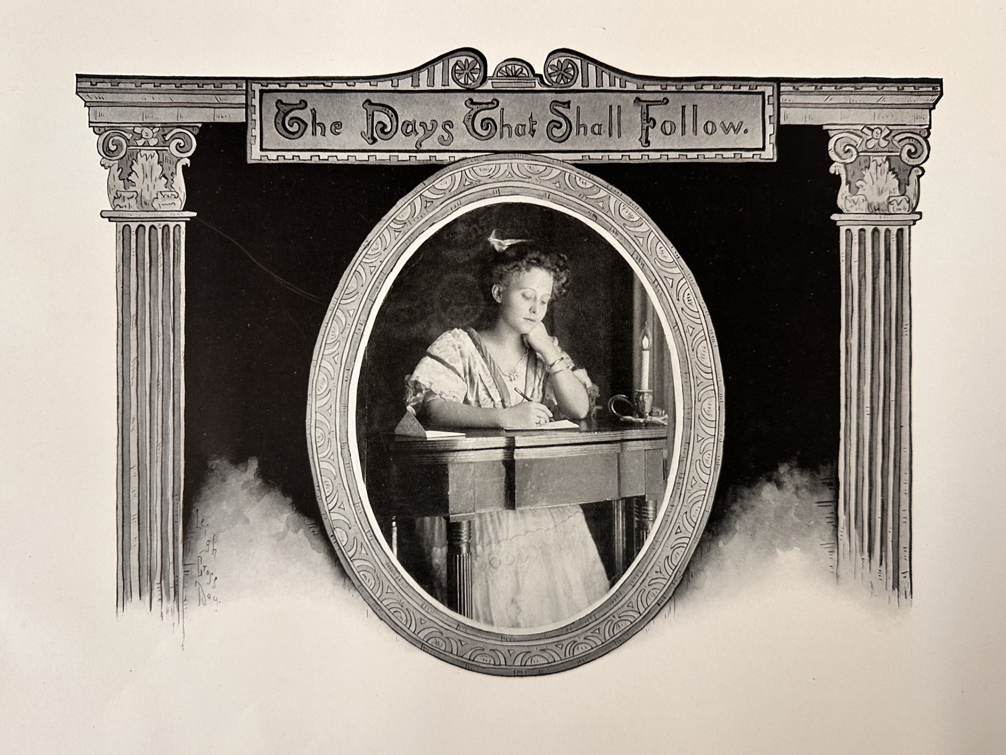 A young woman in the early 20th century sits at a desk, writing with a pen. Decorative Greek-style columns border the photo with a banner that says "The Days that Shall Follow."