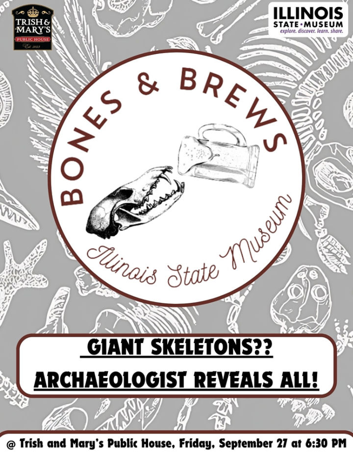 Bones and brews text over the skeleton of a mastodon 