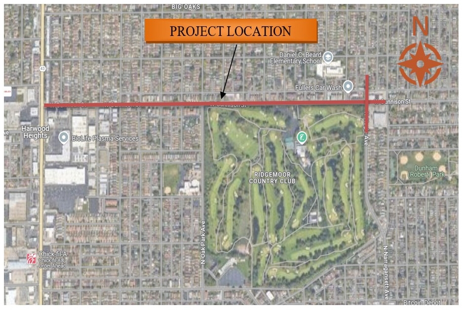 aerial map of project location with solid orange line down gunnison avenue