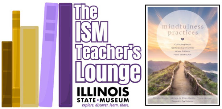 Decorative logo for the Collection Connection series with cartoon books on the left, the program name in the middle, and on the right the cover of the book "Mindfulness Practices" featuring a dirt walkway on a green mountain top lit by soft sunlight