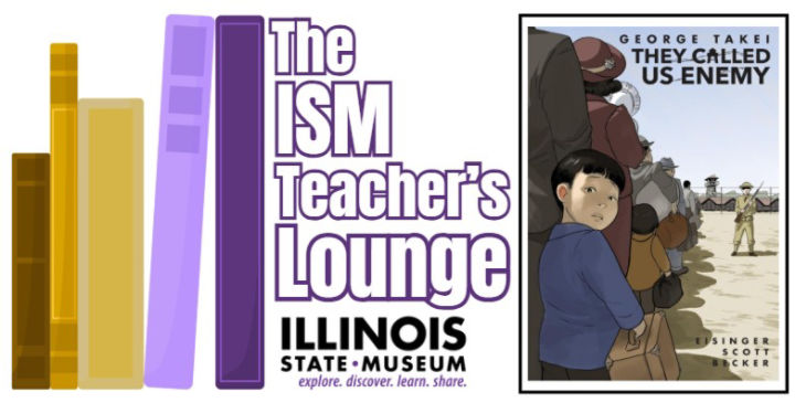 Decorative logo for the Collection Connection series with cartoon books on the left, the program name in the middle, and on the right the cover of the book "They Called Us Enemy" by George Takei featuring well dressed adults and children of Japanese descent walking into an internment camp. A guard nearby holds a rifle with a bayonet.