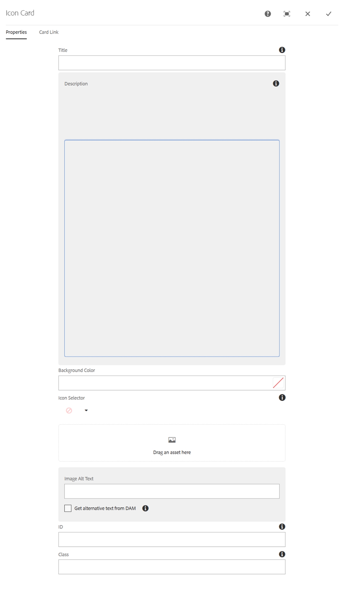 Icon Card CQ Dialog open showing the Properties tab and all available options, including Title, Description, Background Color, Icon Selector or an Image, corresponding alt-text, and ID and Class fields.