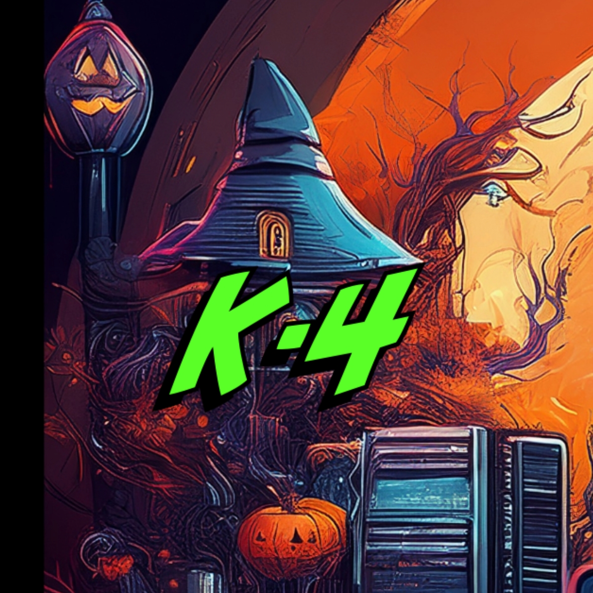 Halloween theme decoration with pumpkins and computer accessories with green text that says "K-4"