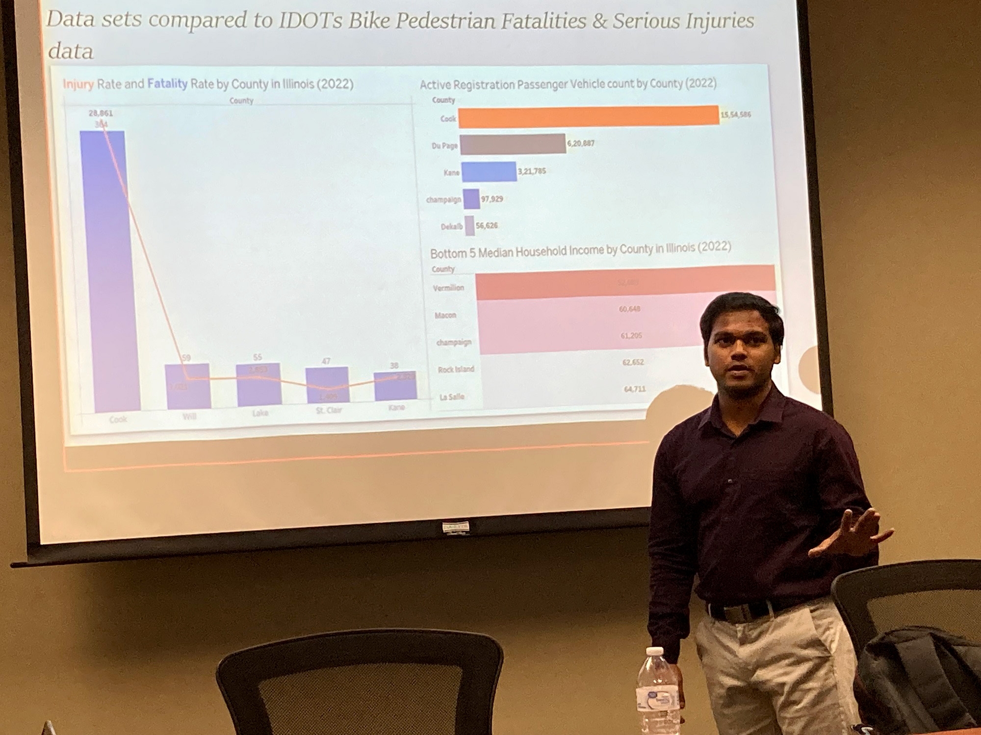 man standing in front of presentation talking