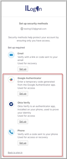 Image of the Google Authenticator, Okta Verify, and Phone options with a red box around them