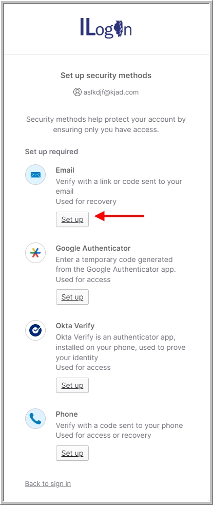 Image of the Set up button on the security methods screen