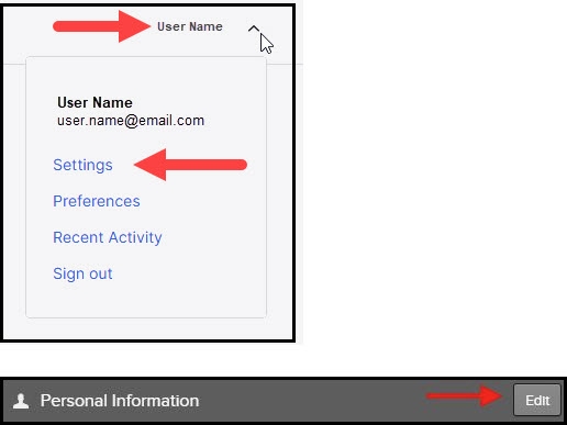 Image with red arrows pointing to the user's name at the top of the screen, the Settings button, and the Edit button next to Personal Information.