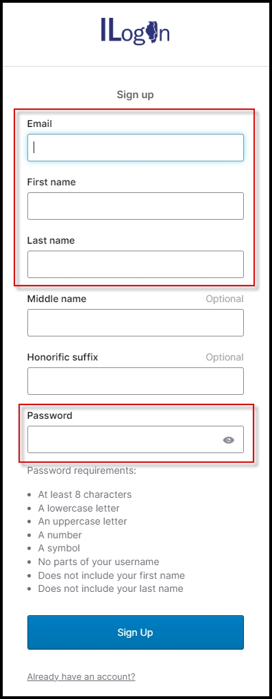 Image of the Sign up screen with red boxes around the Email, First name, Last name, and Password fields.