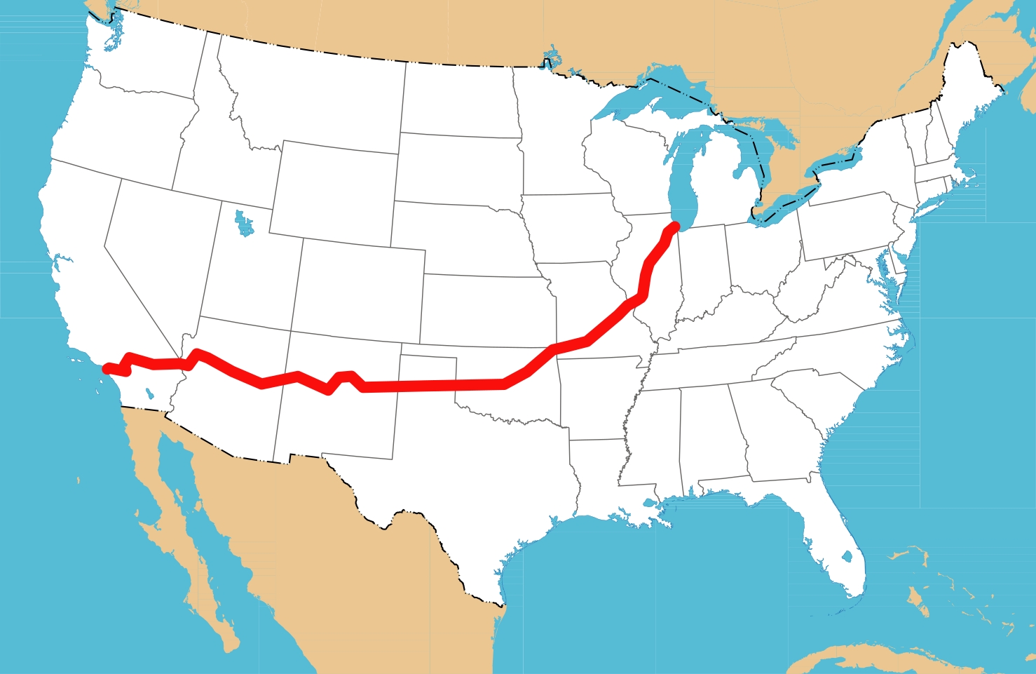 Rough map of Route 66 starting in Chicago, proceeding through St. Louis and on to Los Angeles