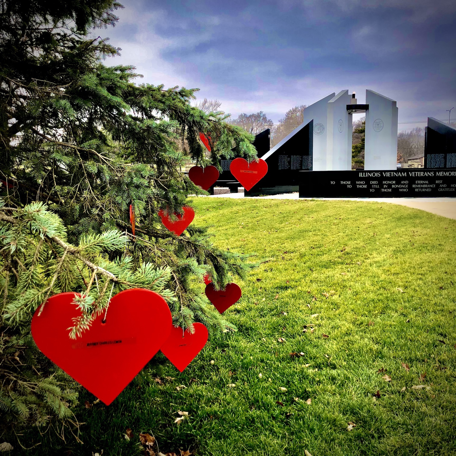 heart ornaments hanging from evergreen tree with monument in background