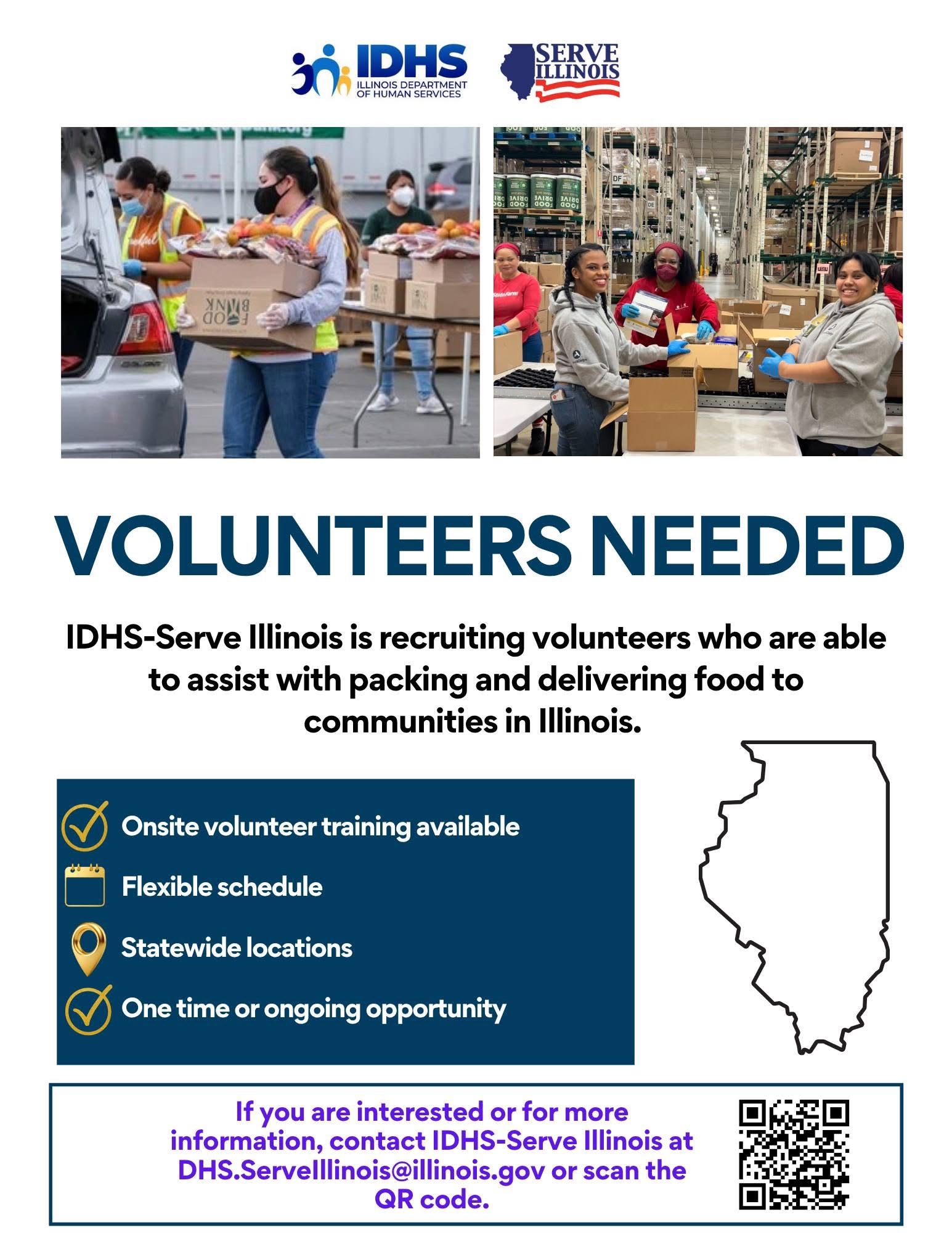 Volunteers Neeed to Help deliver food to communities in Illinois email dhs.serveillinois@illinois.gov