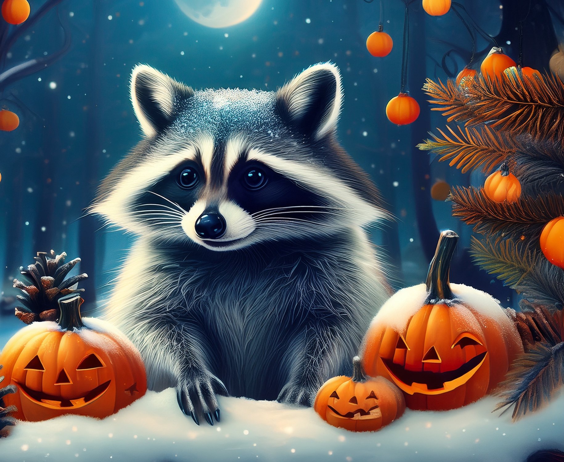 winter image with raccoon and pumpkins