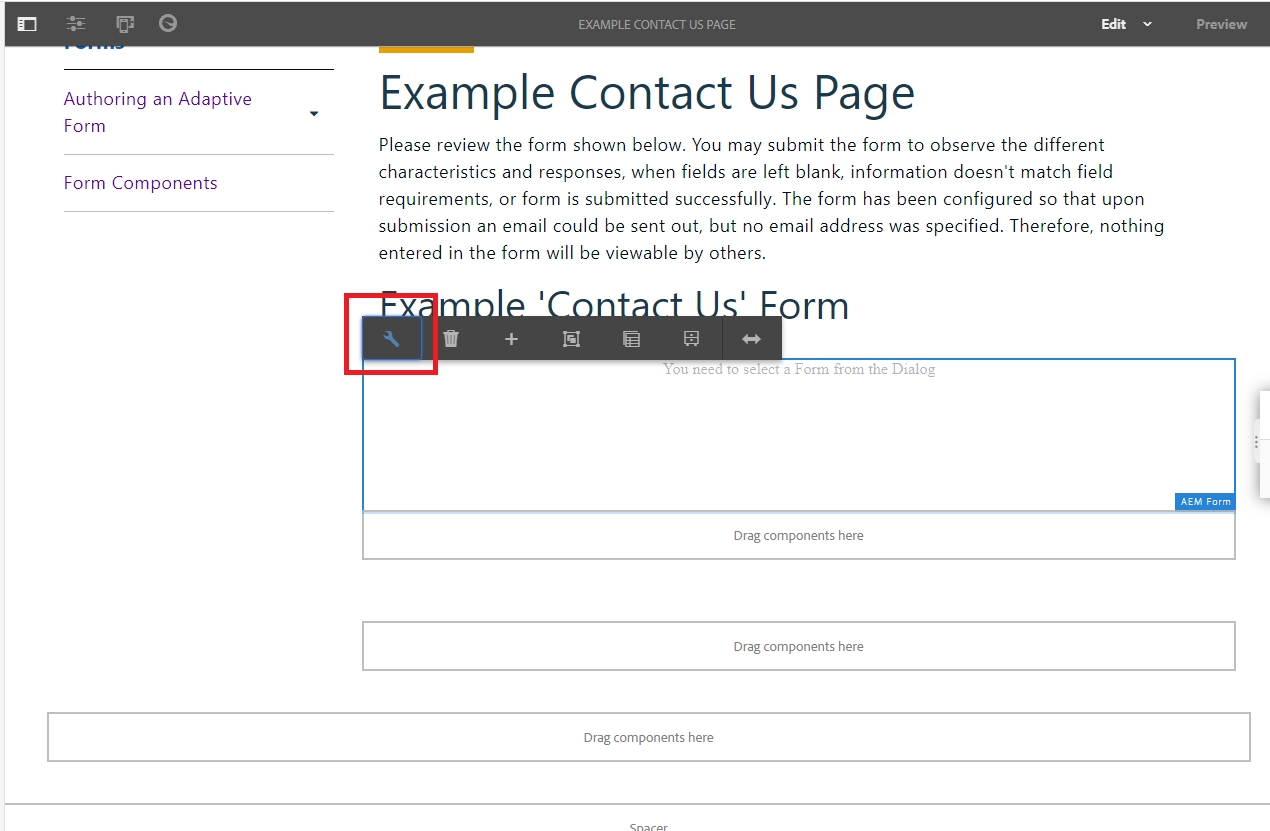 Wrench icon on AEM Form Component Outlined