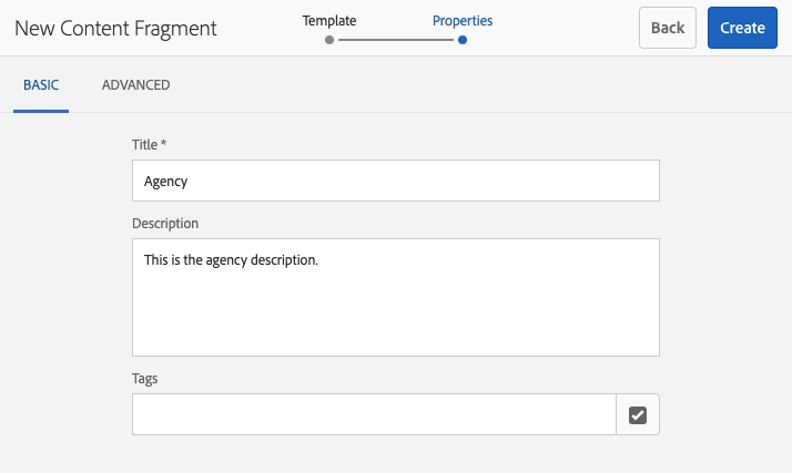 agency content fragment properties