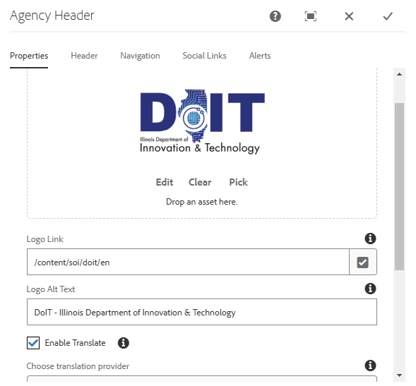 Agency Header Properties