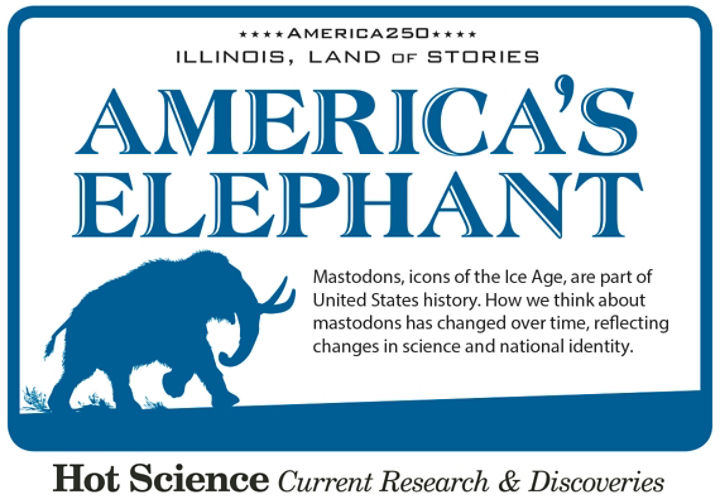 logo for the exhibit America's Elephant with a dark blue outline of a mastodon on a white background