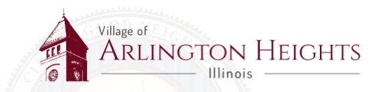 The logo for the village of Arlington Heights, Illinois, with a clocktower in front of the Great Seal of the United States.