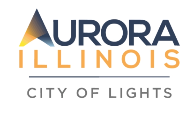 The logo for the city of Aurora, Illinois, with the first a in Aurora styled to look like spotlights.