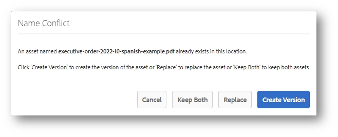 Name Conflict modal popup with buttons to Cancel, Keep Both, Replace, or Create Version.