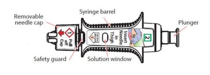 Removable Needle Cap, Safety Guard, Solution Window, Syringe Barrel, Plunger