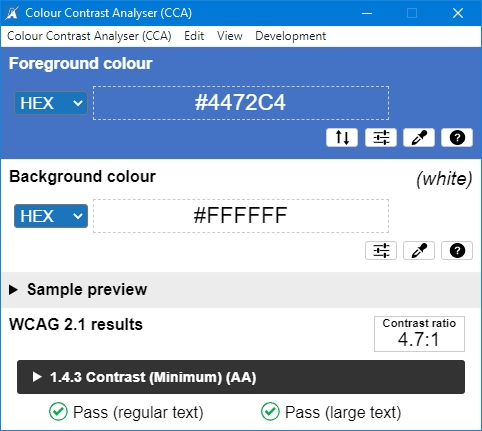 Screen shot of Color Contrast Analyser (CCA) showing Foreground Colour HEX #4472C4 (blue), Background Colour HEX #FFFFFF (white), Contrast Ratio 4.7:1, and 1.4.3 Contrast (Minimum) (AA) Pass (regular text) and Pass (large text).