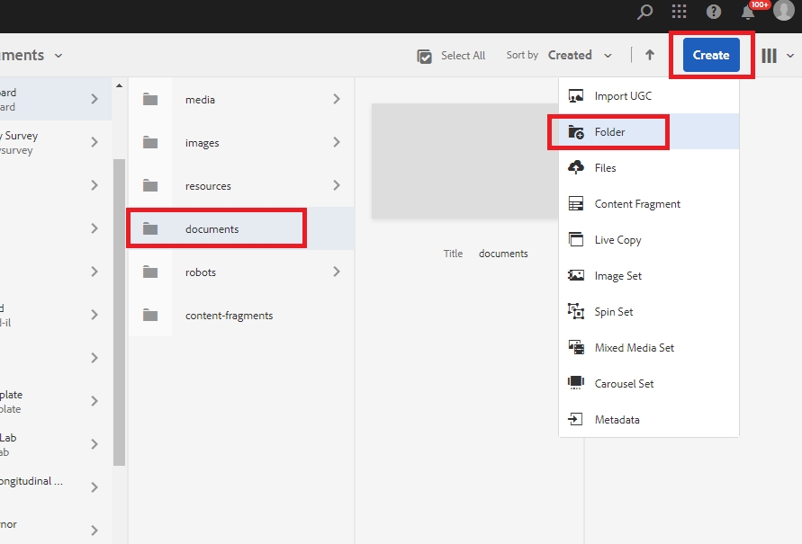 AEM Asset navigation with the selection dropdown expanded under the Create button which is outlined in red.