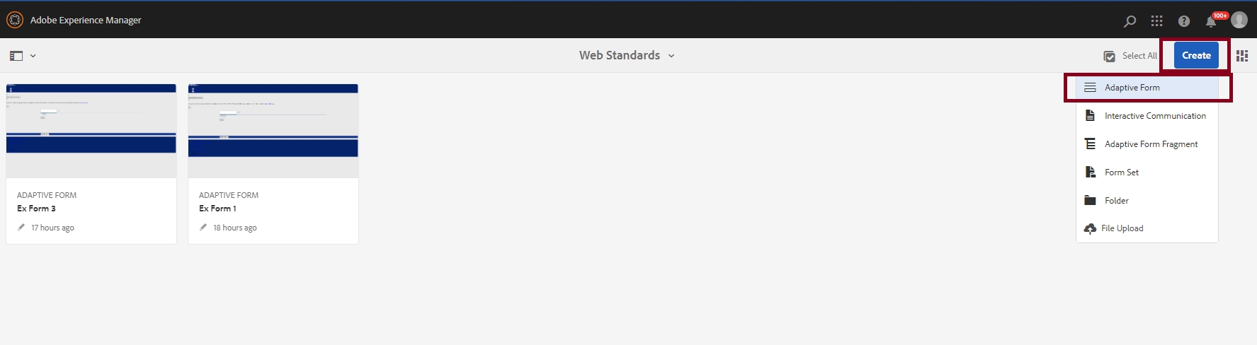 Forms agency folder. Create button and Adaptive Form outlined.
