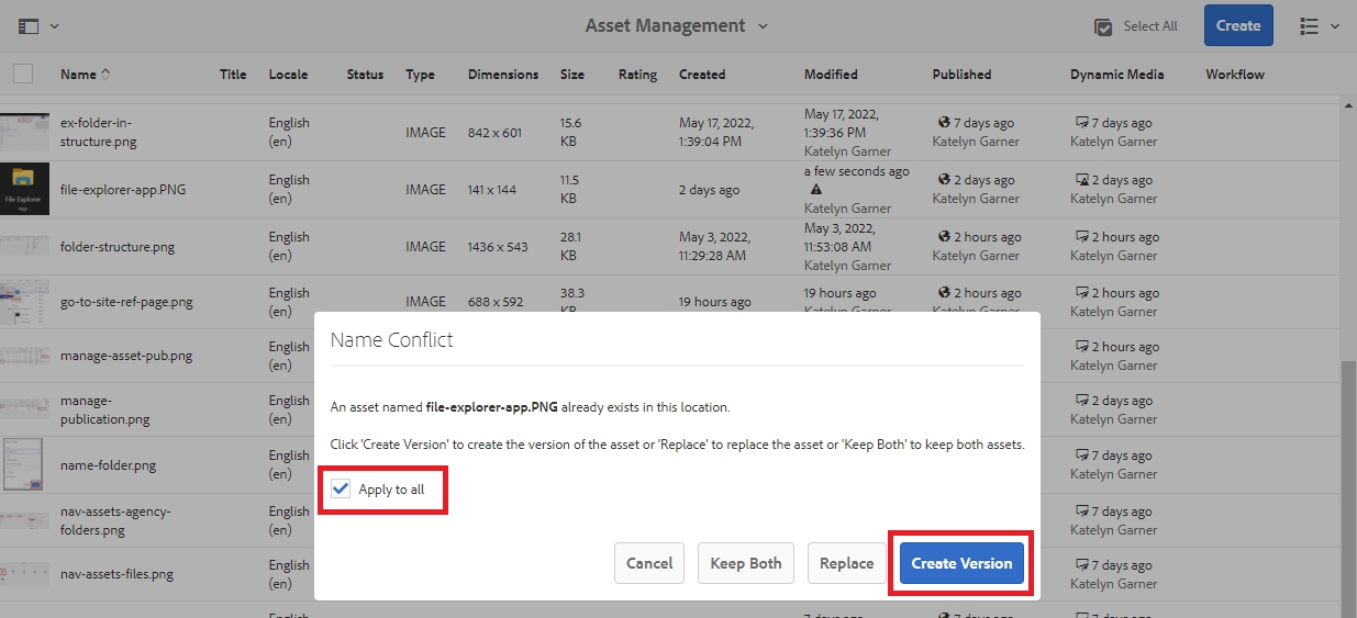 Name Conflict modal popup with buttons to Cancel, Keep Both, Replace, or Create Version.