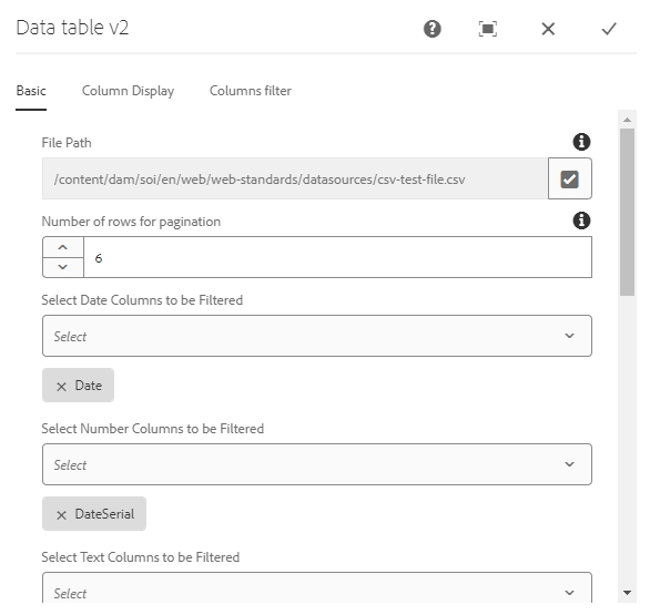 CSV Data Table Basic Tab