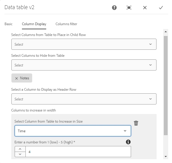 CSV Data Table Column Display Tab