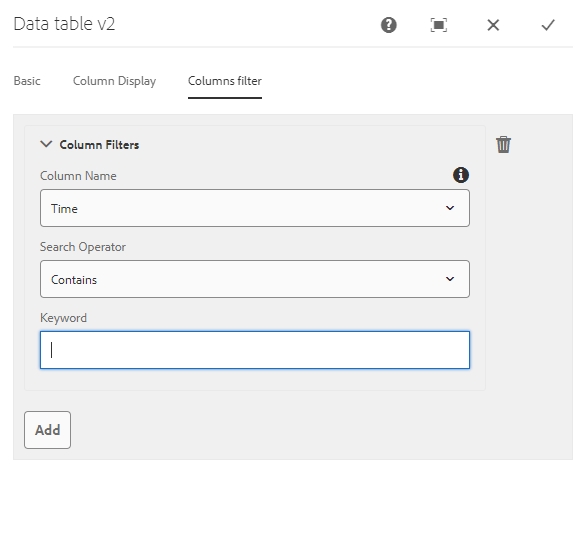 CSV Data Table Column Filters Tab