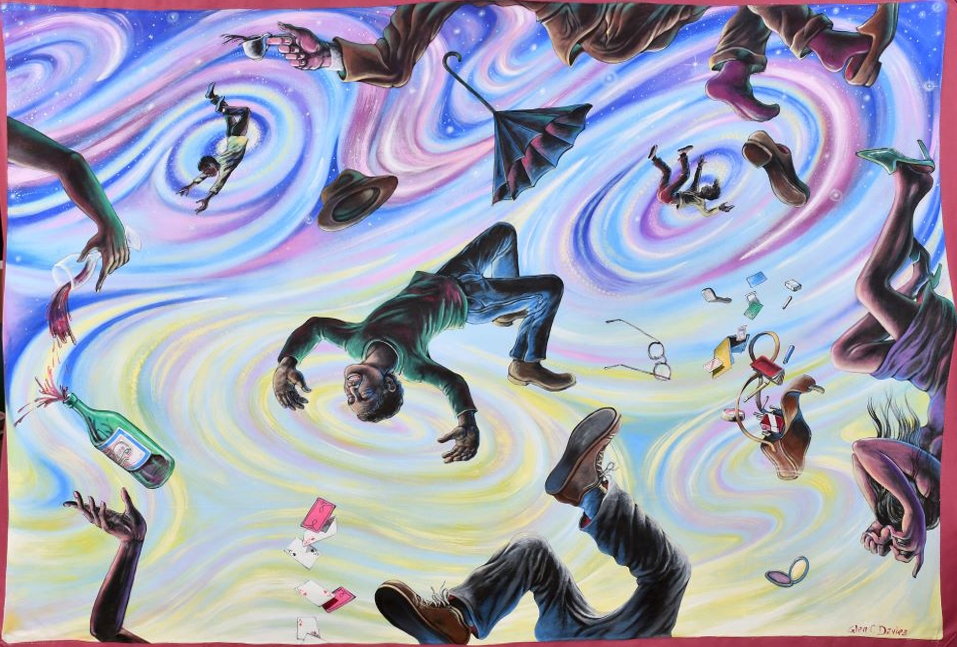 image of figures falling in a swirling sky