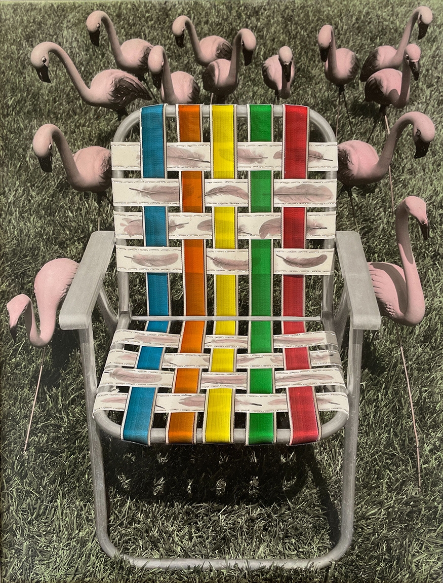 image of a folding chair surrounded by plastic flamingos