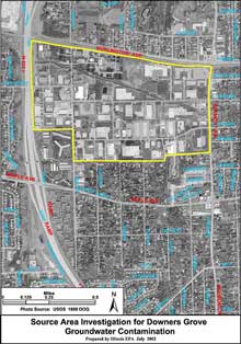 Source Area Investigation Map for Downers Grove Groundwater Contamination