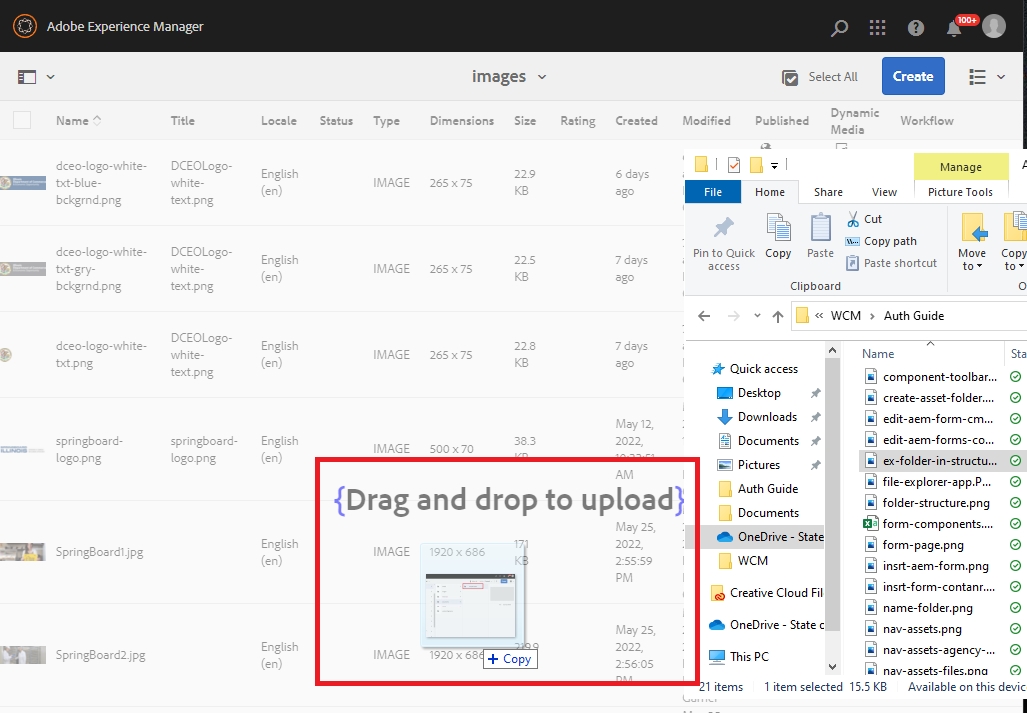 AEM Asset List screen shot with File Explorer window overlap depicting how to drag files from File Explorer to the AEM Asset list.