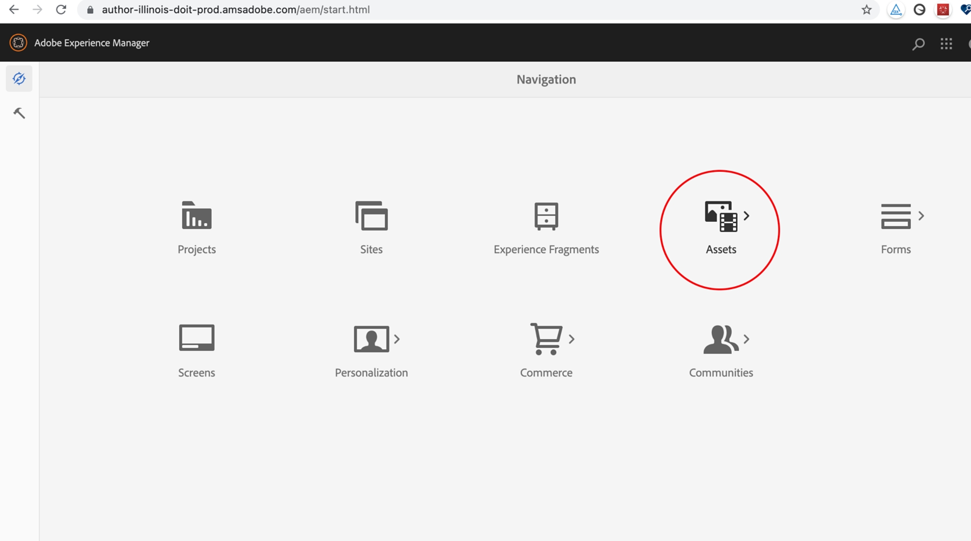 The AEM home screen highlighting the Assets button.
