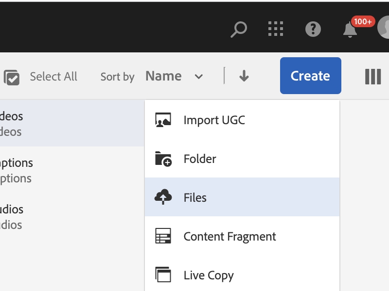The files links is highlighted on a menu that is displayed after clicking on the Create button.