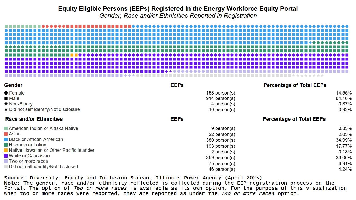 Representative shape infographic of Equity Eligible Persons registered in the Energy Workforce Equity Portal by Gender, Race and or Ethnicities reported in registration. Trend towards most populous Gender:Male and Race:White, second most Race: Black.