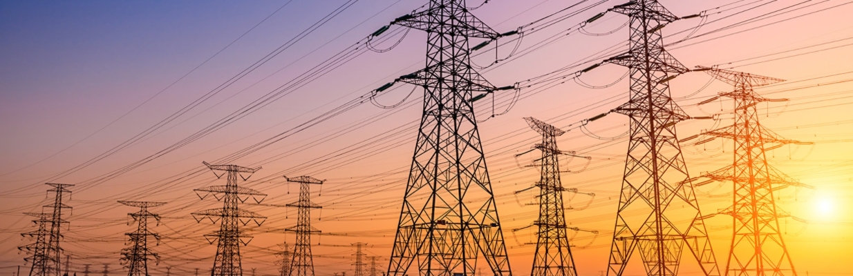 Electric Towers with sun in background