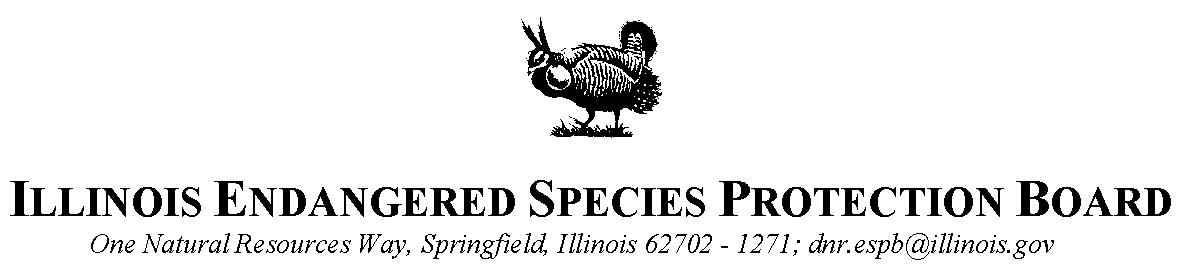 Endangered Species Protection Board Logo, with address: One Natural Resources Way, Springfield, IL 62702-1271; dnr.espb@illinois.gov