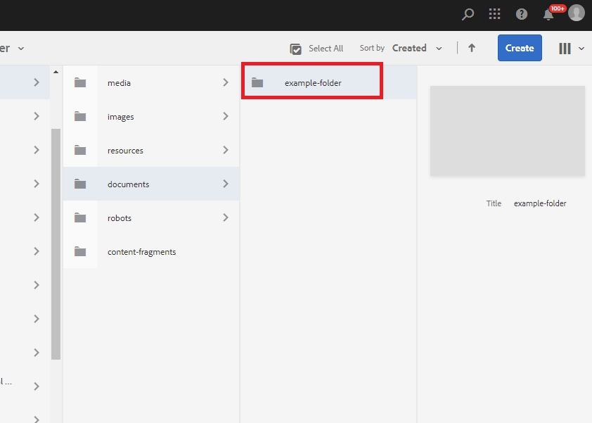 AEM asset navigation with 'example-folder' outlined in red.