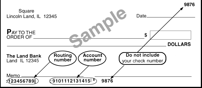 Example check with the routing number and account number locations highlighted.