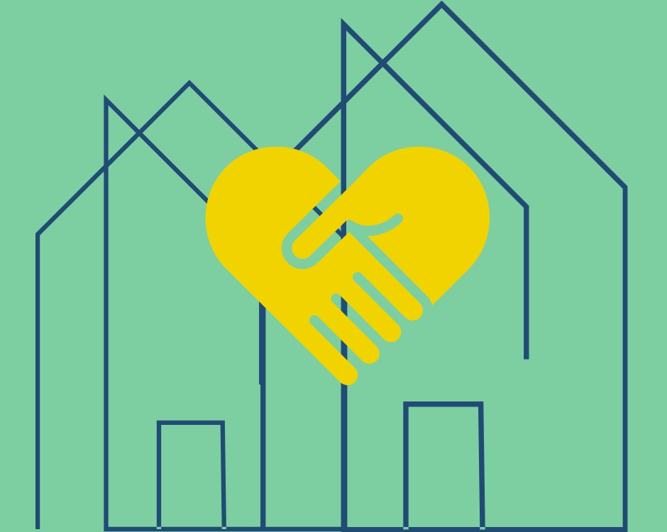 design graphic of two rooflines of a home and hands together in shape of a heart