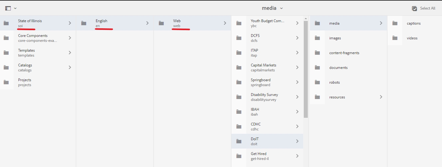 AEM asset navigation with path to media file underlined in red