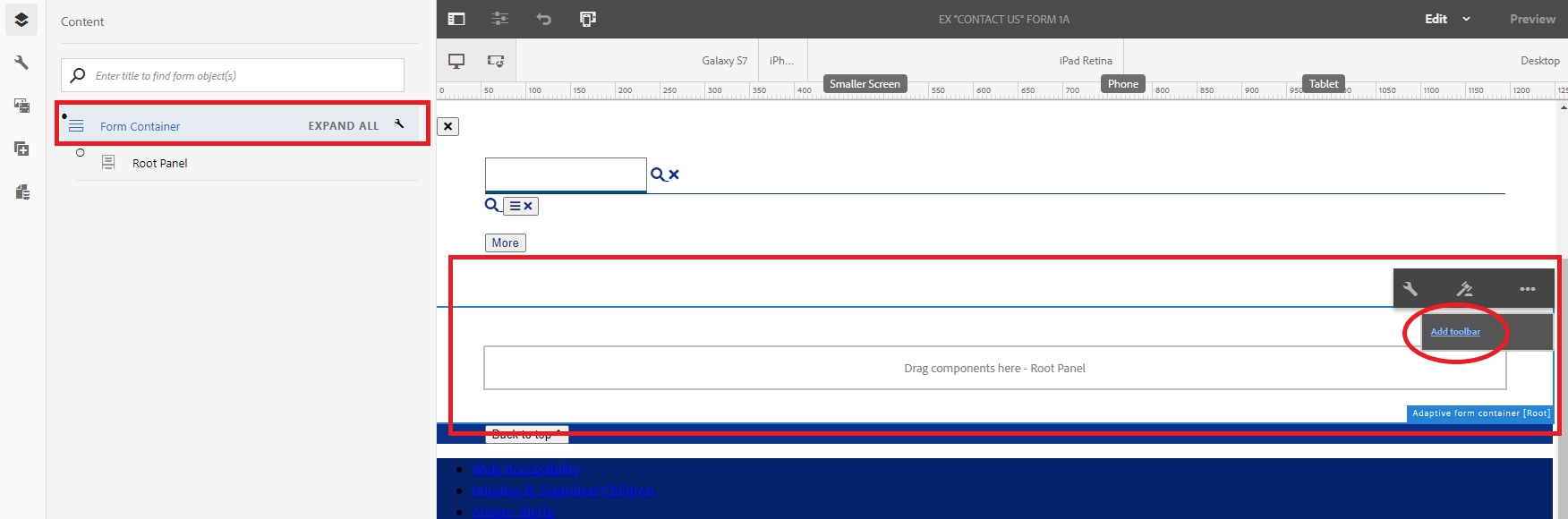 Form Container and option to "add toolbar" outlined on Form Page